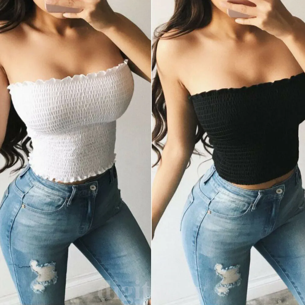 Women Off Shoulder Elastic Tube Tops Bra Blouse Bandeau Strapless Crop Top Shirt - bucketstores.com