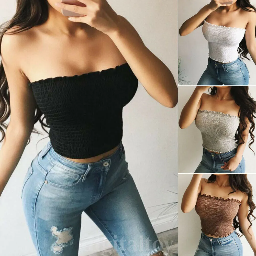 Women Off Shoulder Elastic Tube Tops Bra Blouse Bandeau Strapless Crop Top Shirt - bucketstores.com