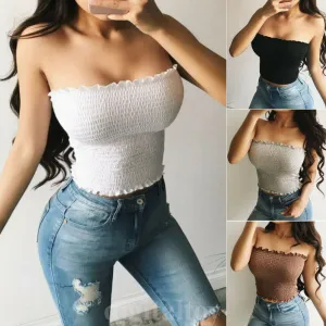 Women Off Shoulder Elastic Tube Tops Bra Blouse Bandeau Strapless Crop Top Shirt - bucketstores.com