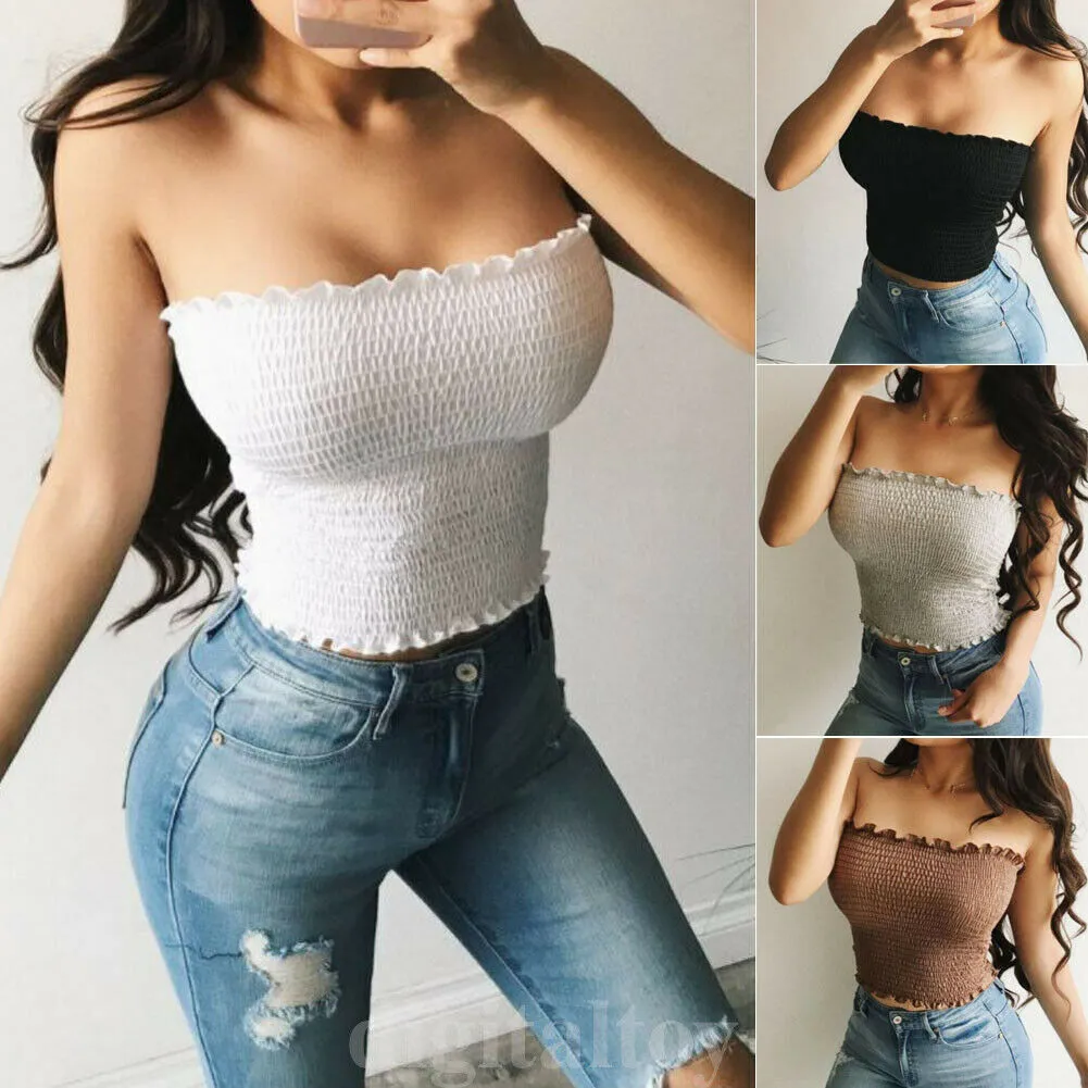 Women Off Shoulder Elastic Tube Tops Bra Blouse Bandeau Strapless Crop Top Shirt - bucketstores.com