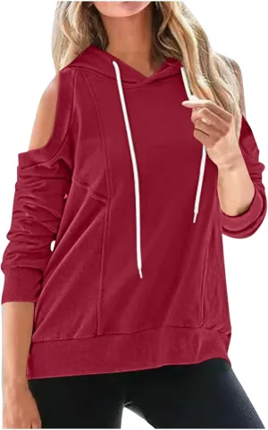 Womens Hoodies Oversized Sweatshirts Casual Hooded Pullover Off Shoulder Drawstring Long Sleeve Fall Fashion Clothes